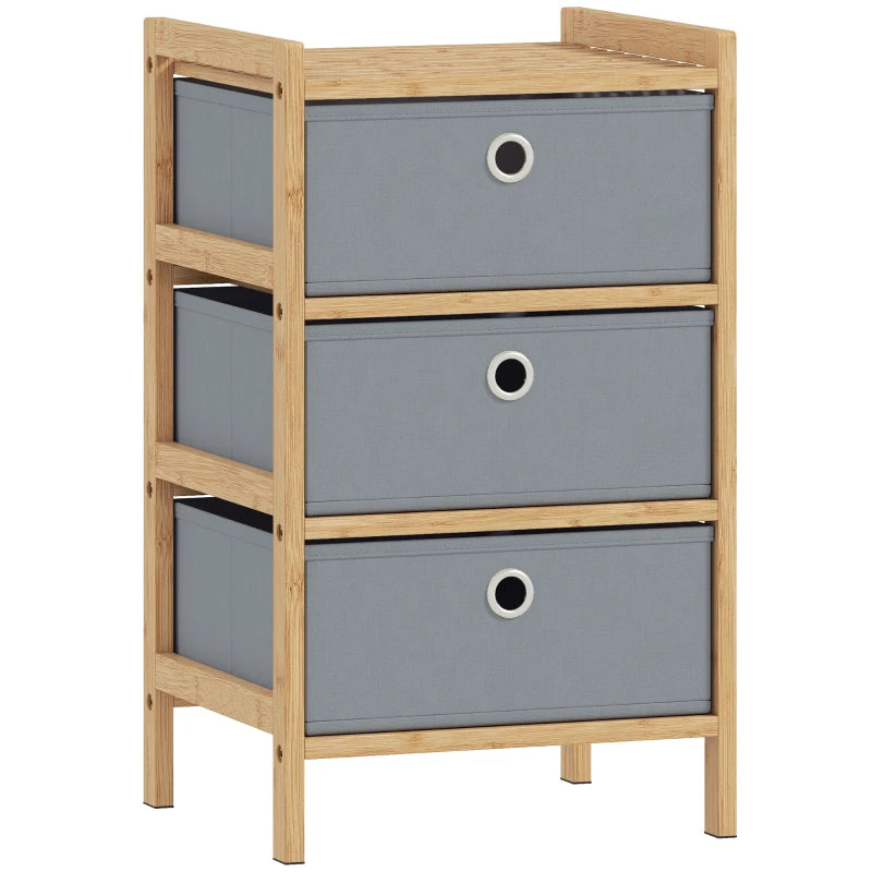 Light grey fabric drawer dresser with bamboo frame and three front round pull handles