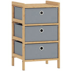Light grey fabric drawer dresser with bamboo frame and three front round pull handles