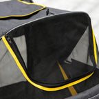 Grey mesh window panel with zipper on pet stroller rain cover, yellow piping