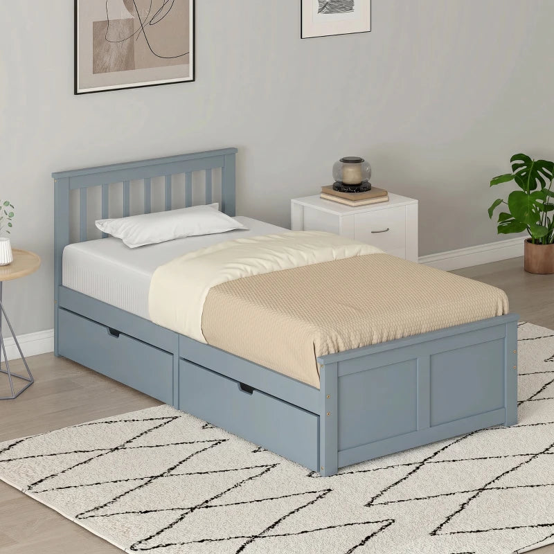 Grey pine single storage bed with slat headboard and integrated drawer front