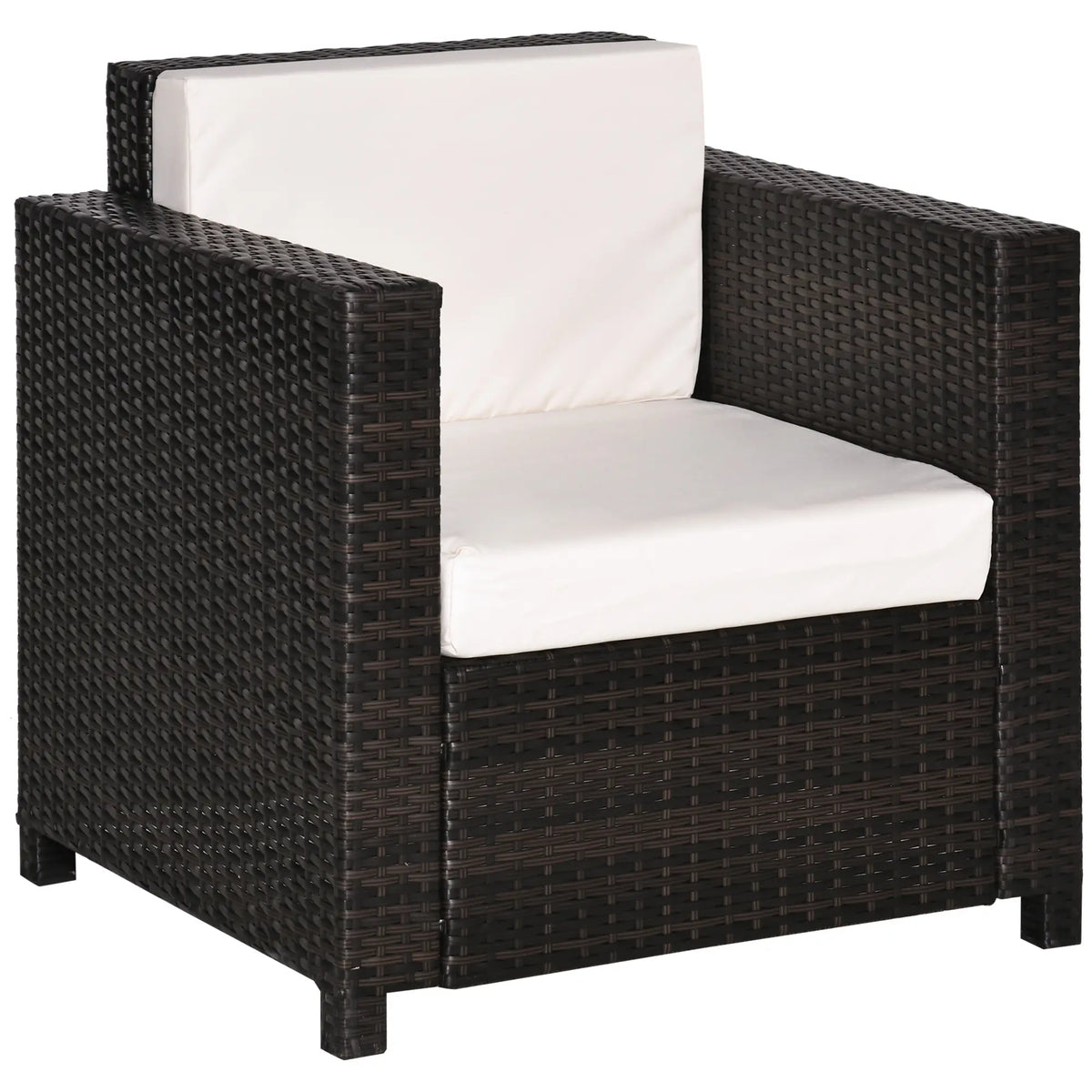 Brown PE wicker garden armchair with white seat and back cushions