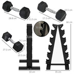 5-tier dumbbell rack with hex dumbbells layout and size dimensions diagram