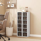 White CD media storage tower set with front open shelving for CDs