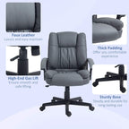 Dark grey office chair with faux leather upholstery, thick padding, and sturdy base
