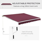 Manual retractable awning with maroon canopy, crank handle, and scalloped valance.