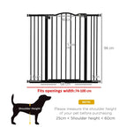 Black adjustable pressure-fit dog gate diagram with opening width range and height markings