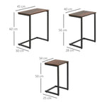 Set of 3 nesting side tables with dark brown tops; size diagram with heights