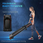 Black folding treadmill with red trim and side rails, ready for storage
