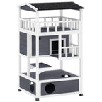 Three-tier outdoor cat house with white wood frame and dark grey panels, arched entrances.