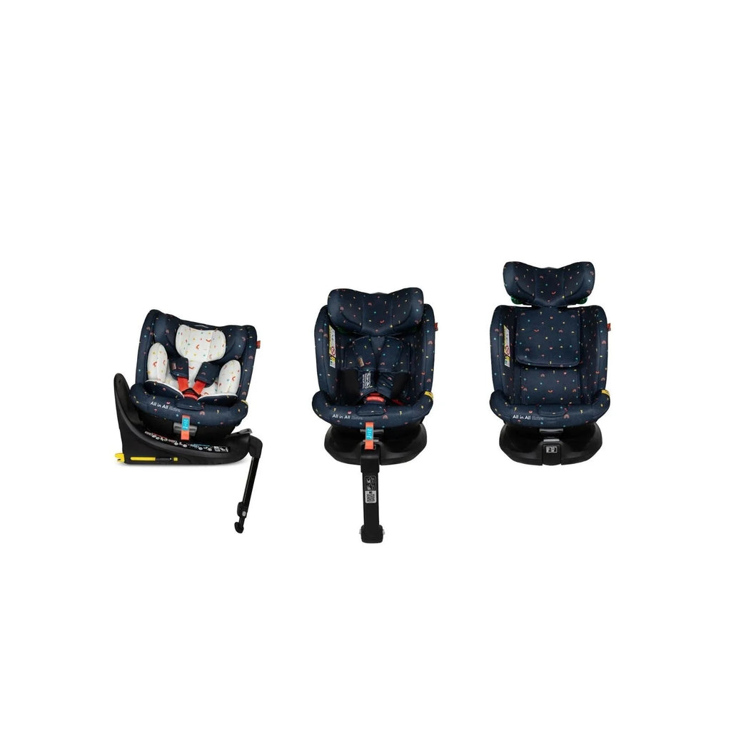 Set of views of navy doodle-pattern i-Size car seat with headrest and 5-point harness