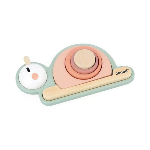 Pastel snail sensory stacking toy with pink spiral rings and mint shell base