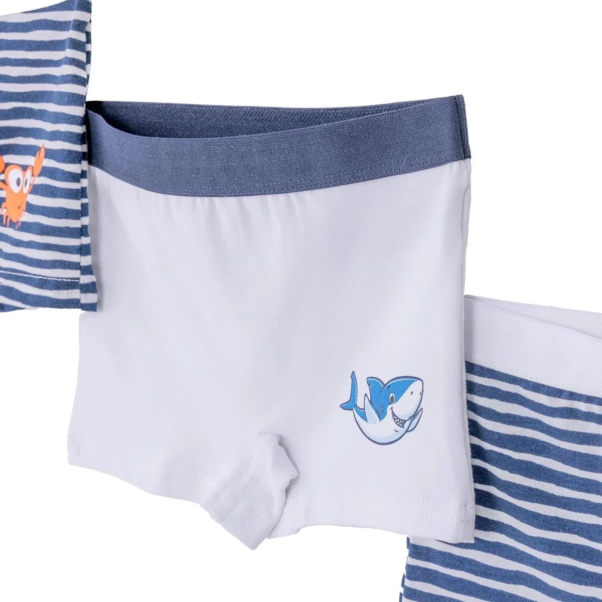 Boys white knickers with navy waistband and blue whale graphic, striped pair shown