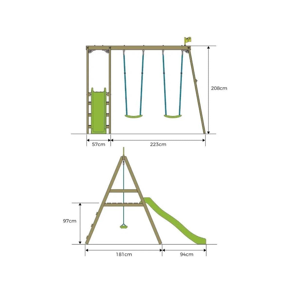 Swing set layout diagram with ladder, slide, two swings, and size measurements