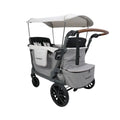 Grey quad stroller wagon with canopy and padded seats; front wheels and handle visible