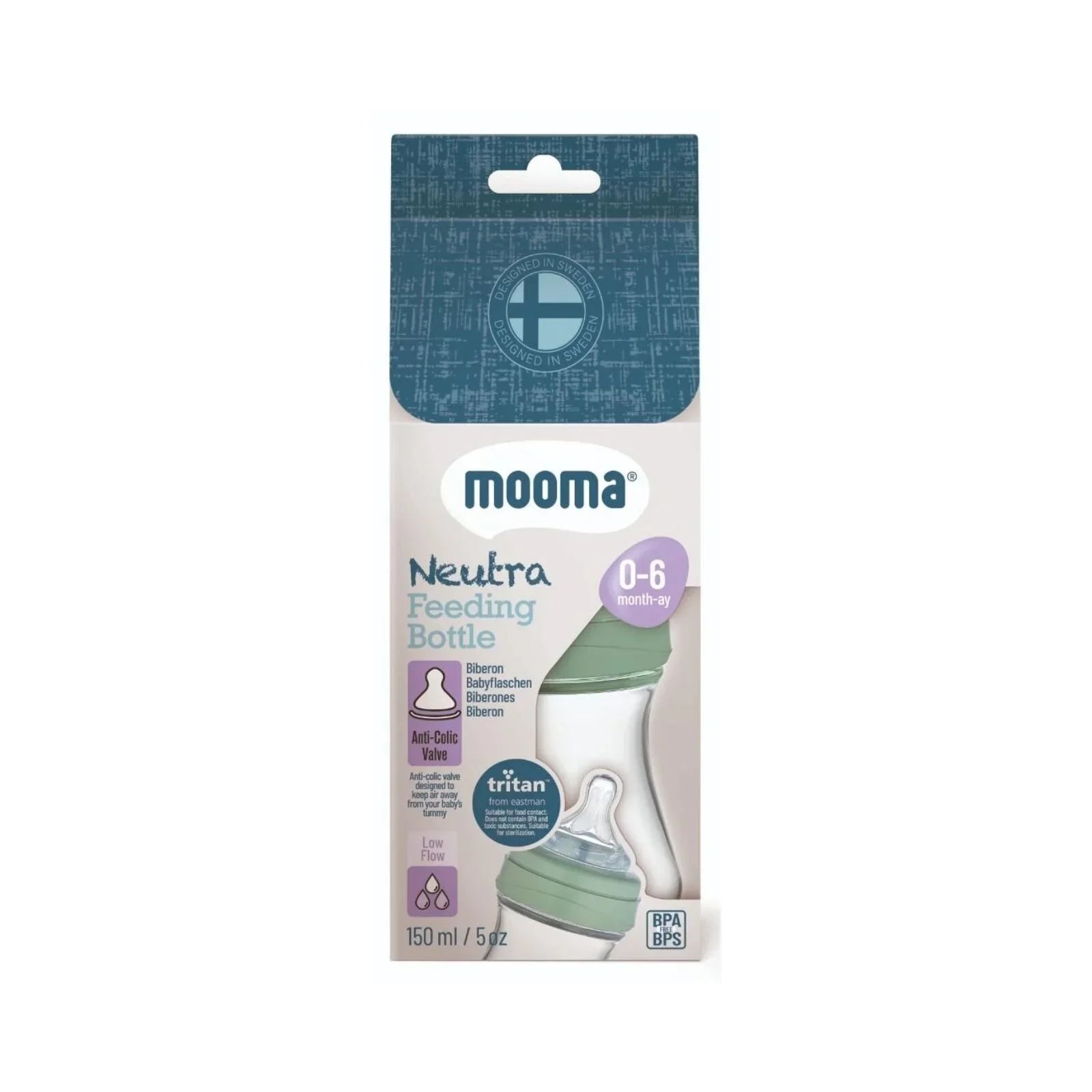 Mooma Neutra Tritan baby feeding bottle box, 0–6 months, sage green, 150ml