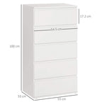 White 5-drawer storage cabinet with dimensions shown; stacked drawers and flat top.