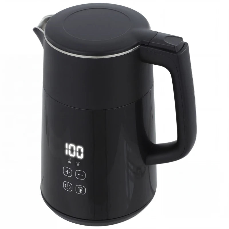 Black electric kettle with LED temperature display and control buttons