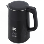 Black electric kettle with LED temperature display and control buttons