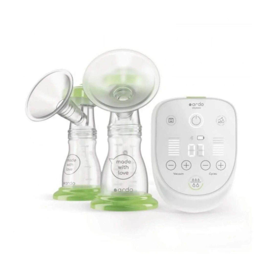 Double electric breast pump set with two clear collection cups and white control unit