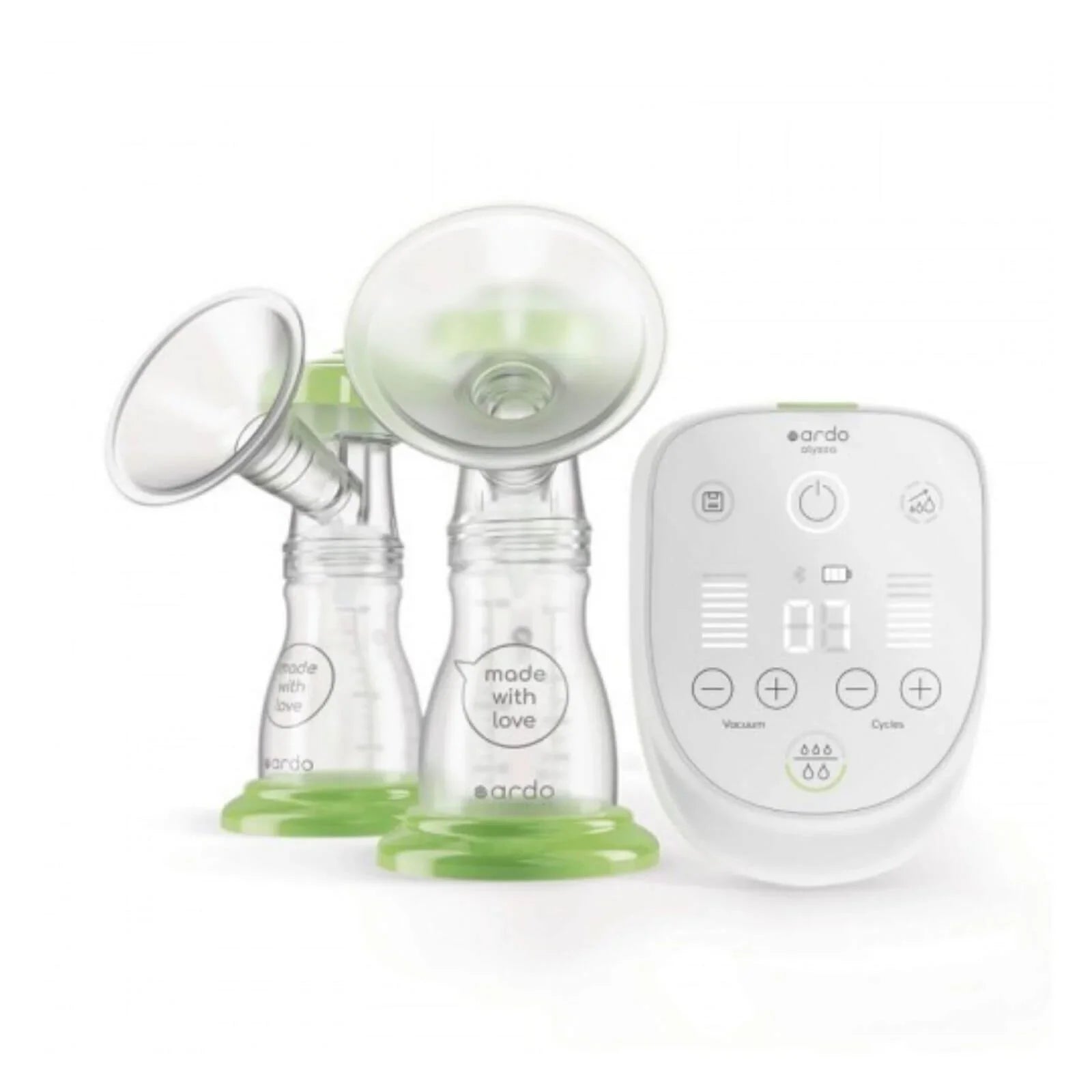 Double electric breast pump set with two clear collection cups and white control unit
