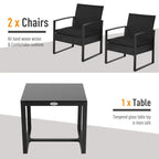 Black rattan coffee set with two chairs and tempered-glass table