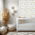 Blue and cream rabbit floral wall panel drop with repeating bunny and leaf print