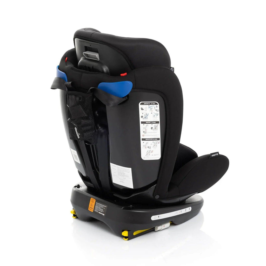 Black car seat with harness, side headrest, and blue chest pad detail