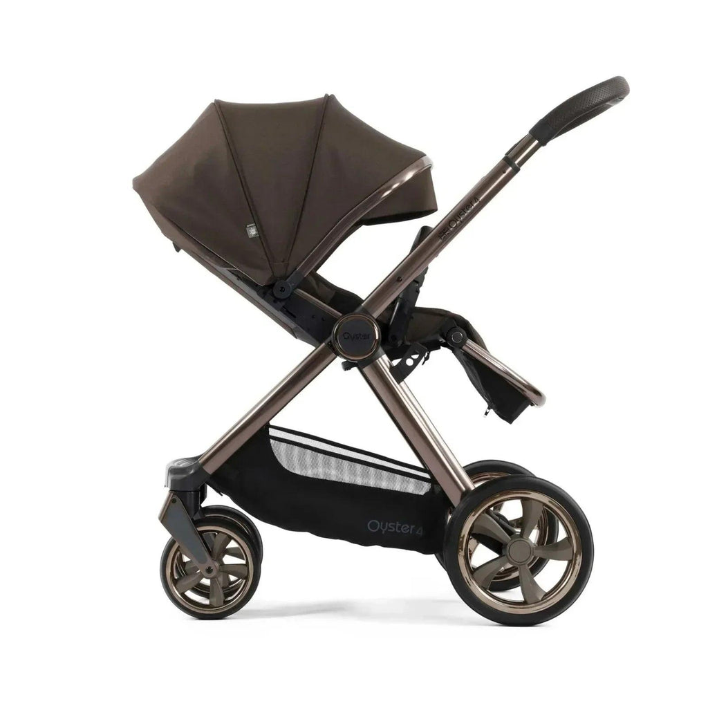 Chocolate velvet stroller with canopy and safety bar, side view
