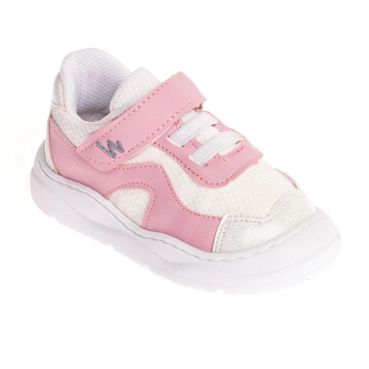 Girls first-step sneakers, white with pink, front view, hook-and-loop strap and laces