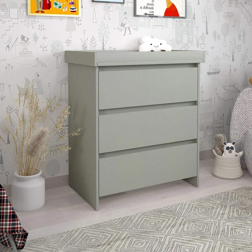 Grey baby changing unit with three front drawers and raised top ledge