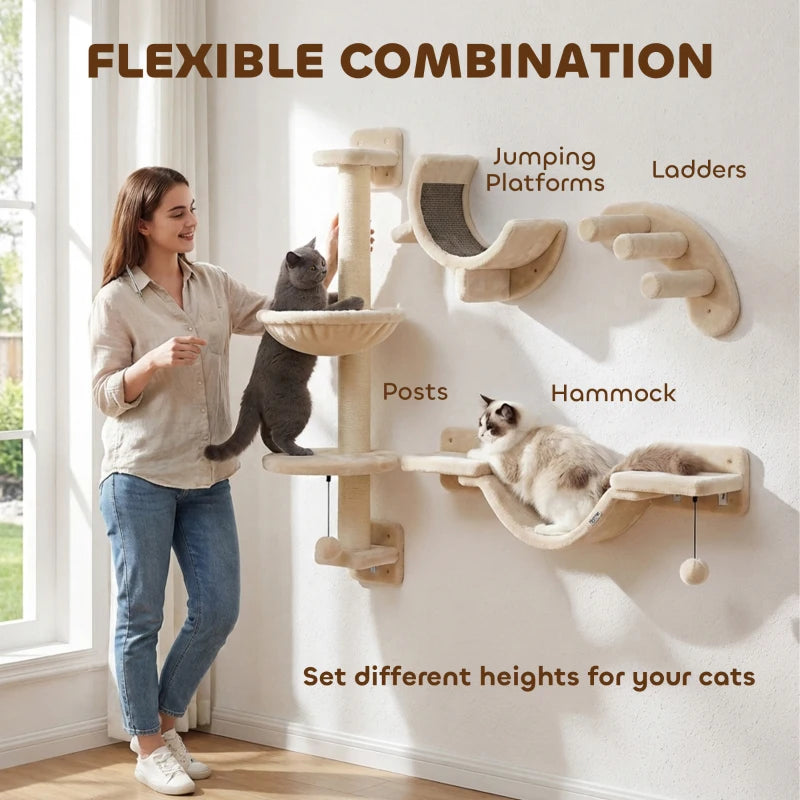 Beige wall-mounted cat furniture with hammock, ladders and multiple jumping platforms