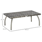 Grey wicker garden coffee table with rectangular woven top and four curved legs