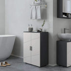 Small bathroom cabinet with two closed doors, dark bar handles, grey and white exterior.