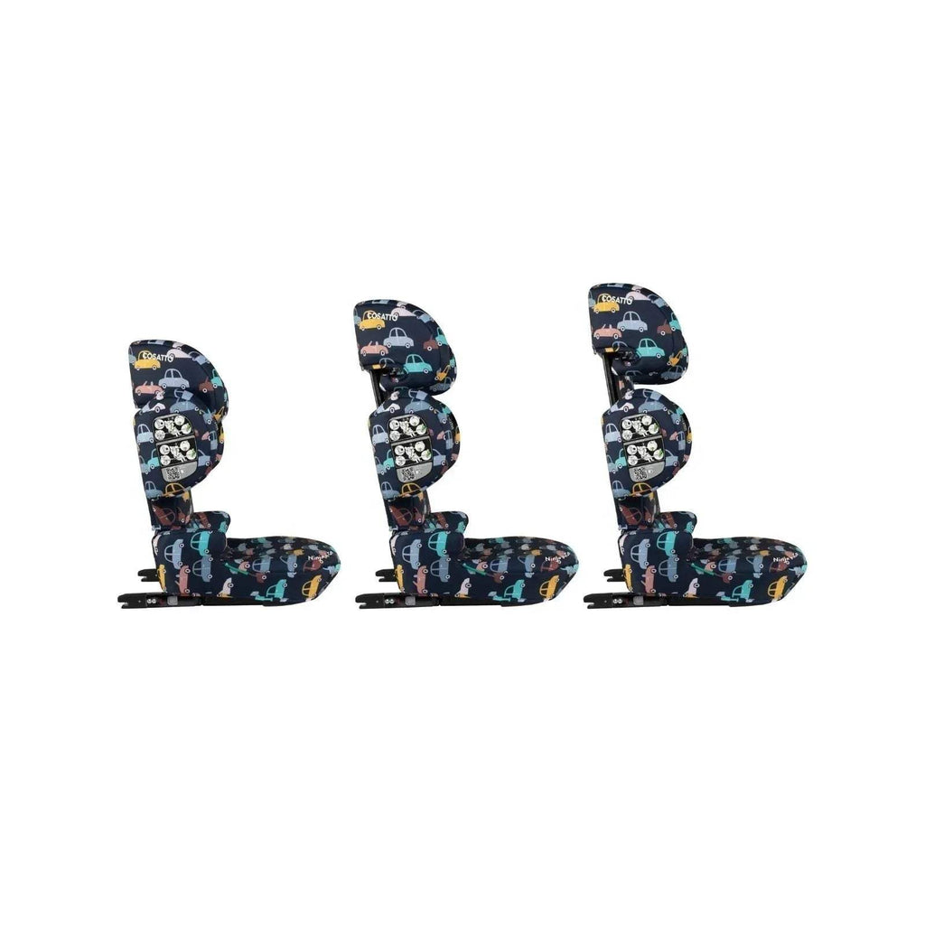 Kids car seat in side profile, navy car print cushion and upright headrest
