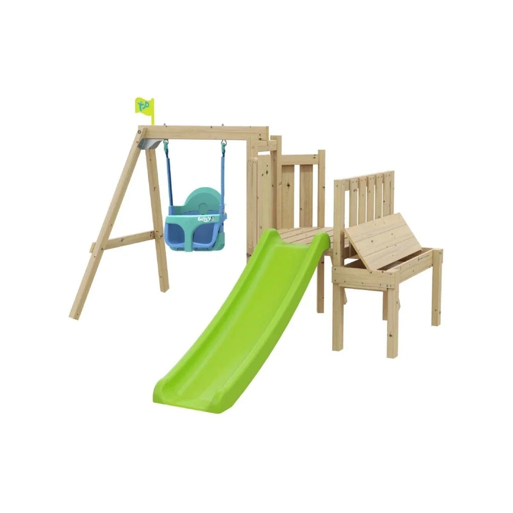 Wooden toddler playset tower with bright green slide and blue swing seat