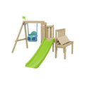 Wooden toddler playset tower with bright green slide and blue swing seat