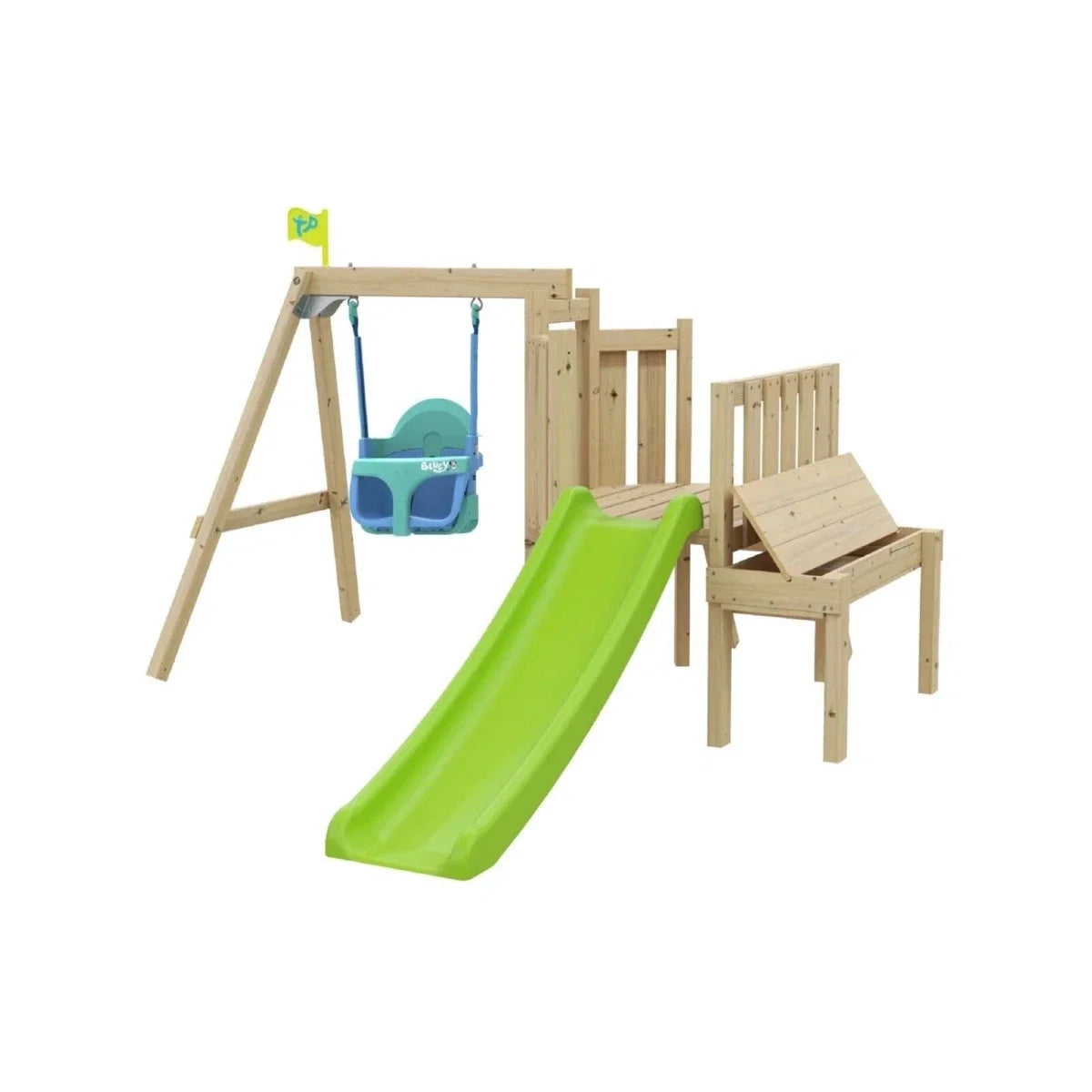 Wooden toddler playset tower with bright green slide and blue swing seat