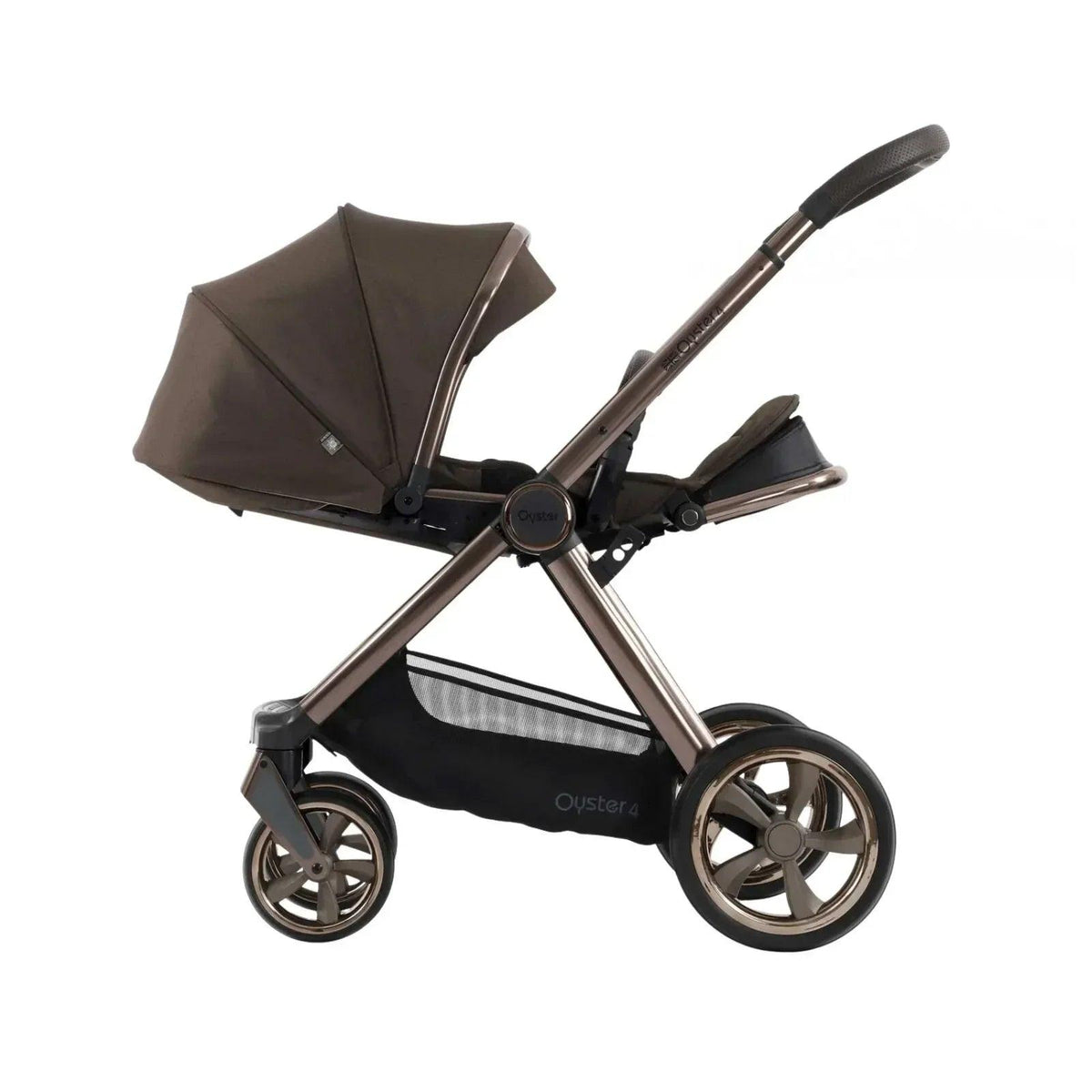 Chocolate velvet stroller with seat cover and large wheels, angled side view