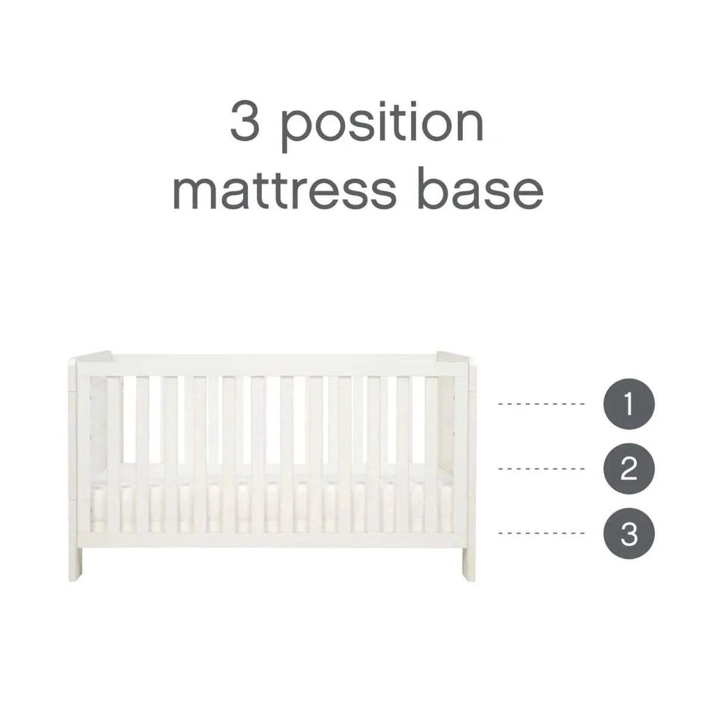 White cot bed illustration showing 3 mattress base positions