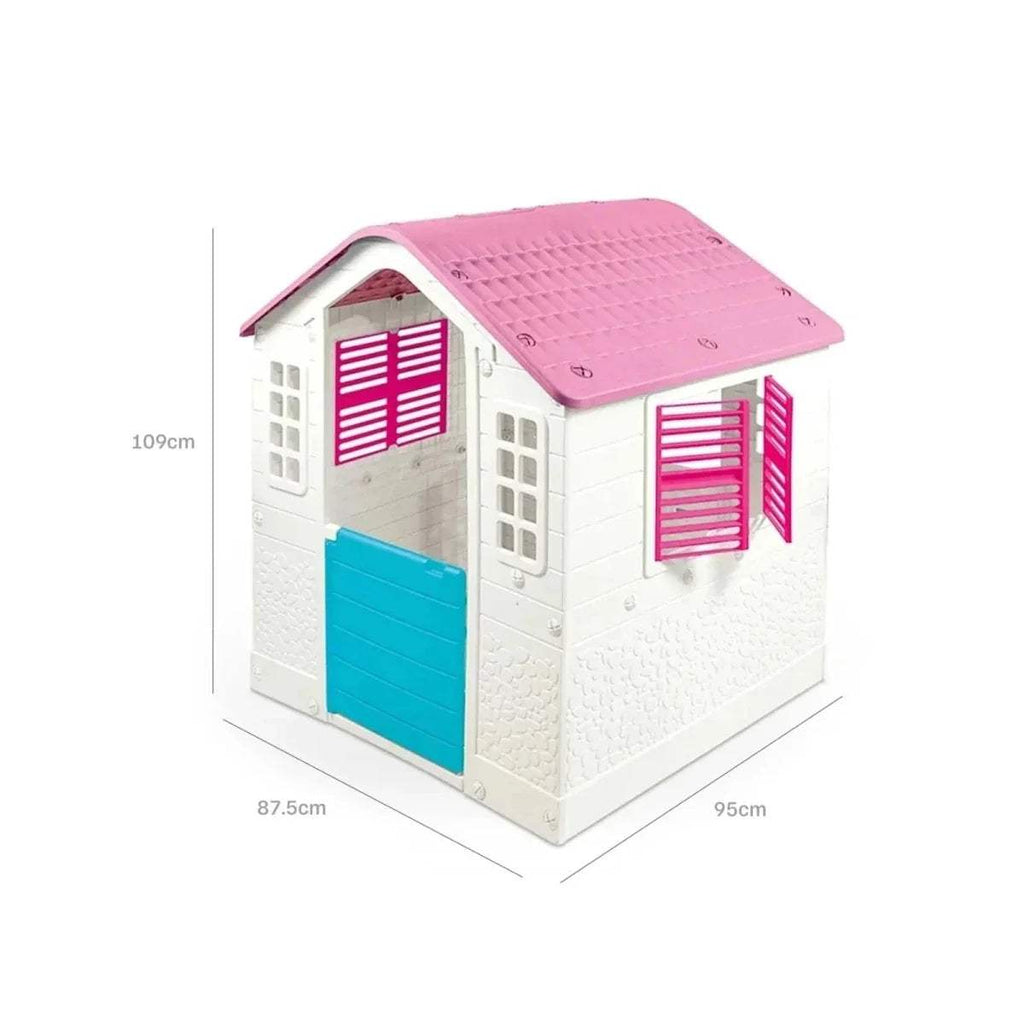 Pink-roof playhouse with white walls and blue/pink doors, shown with size diagram