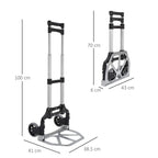Foldable sack cart with telescoping handle and grey platform base, size dimensions shown