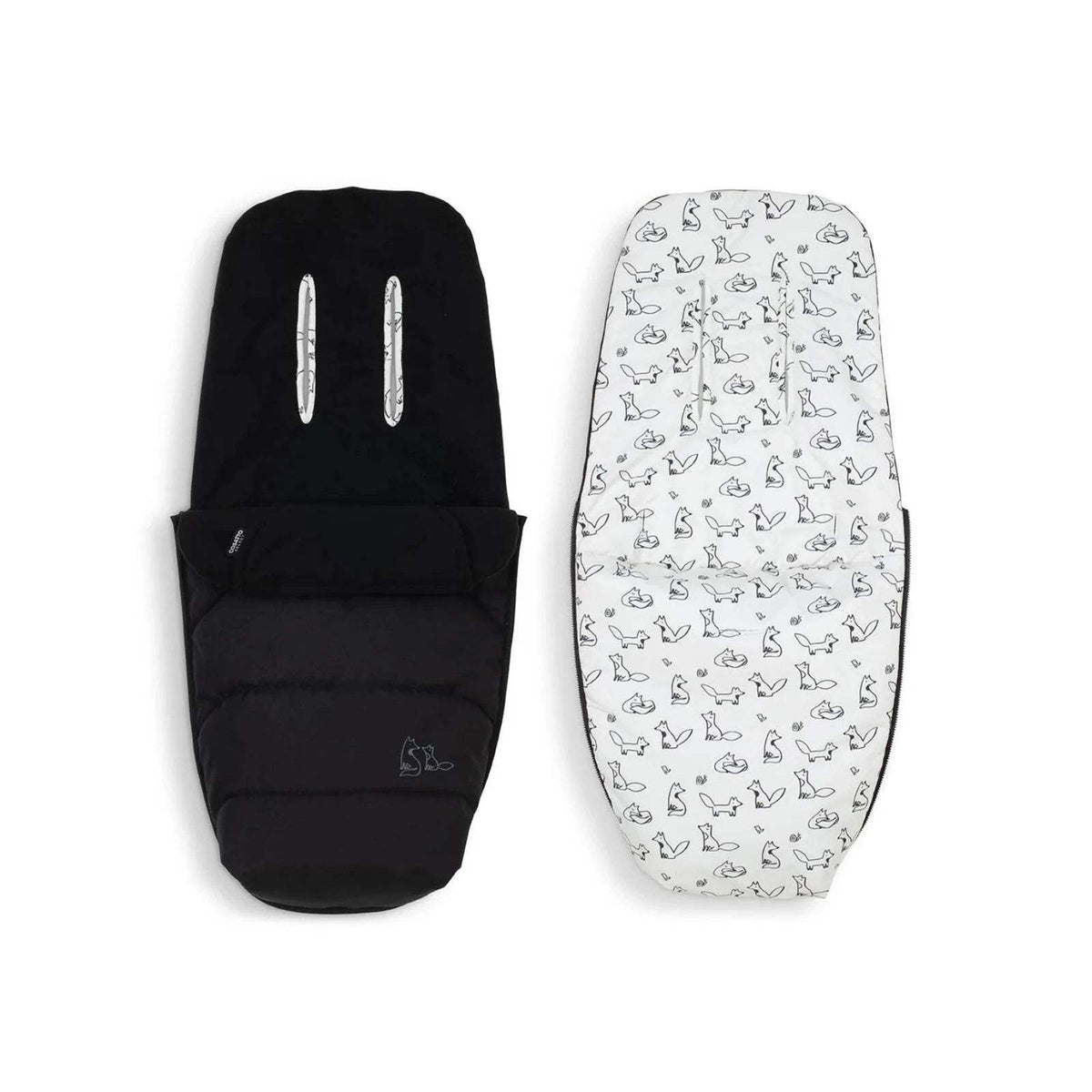 Black footmuff with straps and white liner with gray animal-style pattern