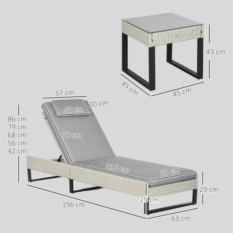 Light grey PE rattan chaise lounge with adjustable recline backrest and cushions, side view