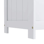 White storage chest lower panel and front leg detail, with metal hardware