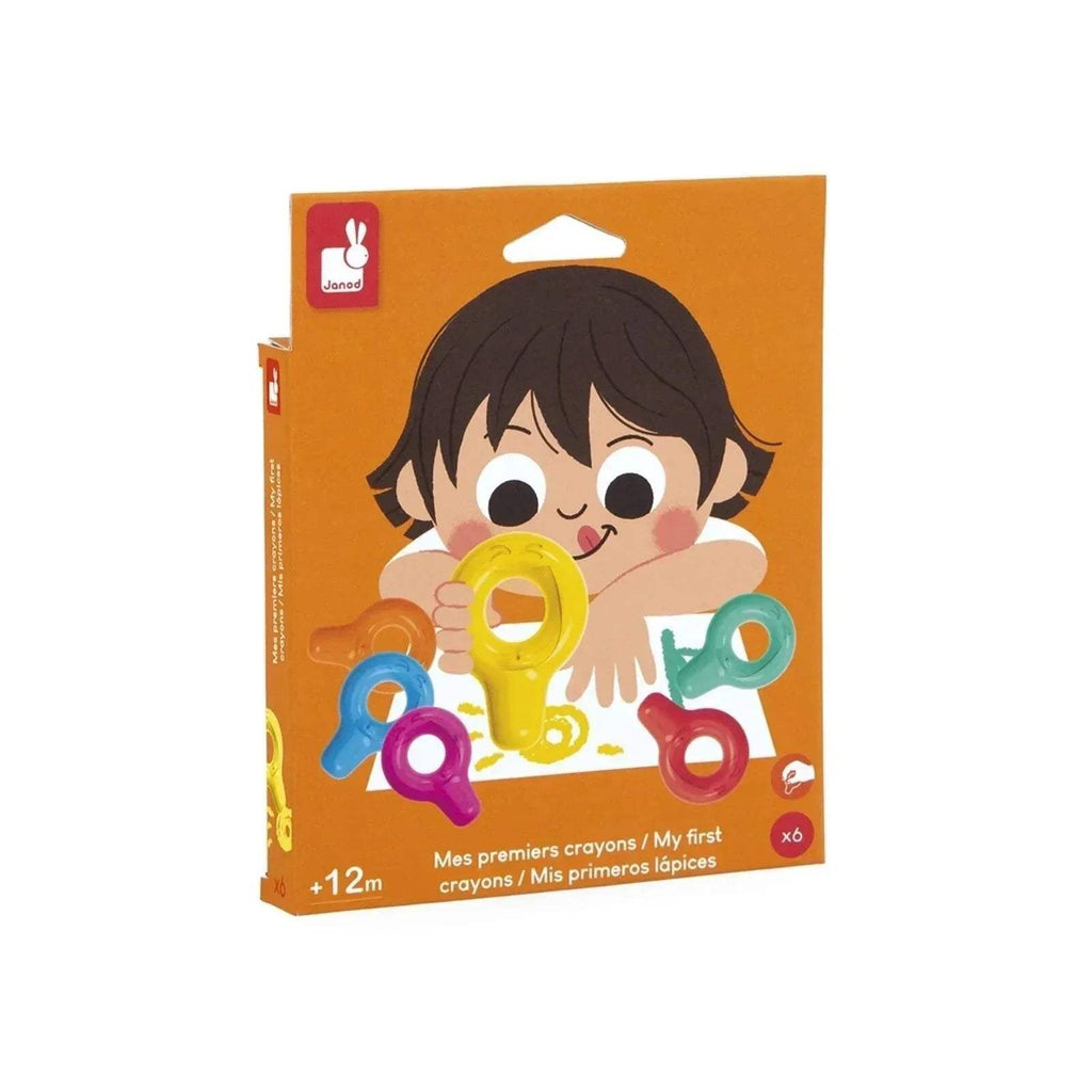 Crayon set in retail box, featuring a child holding colorful chunky crayons
