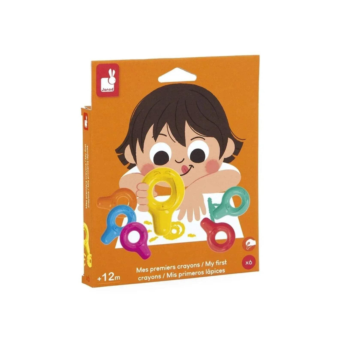Crayon set in retail box, featuring a child holding colorful chunky crayons