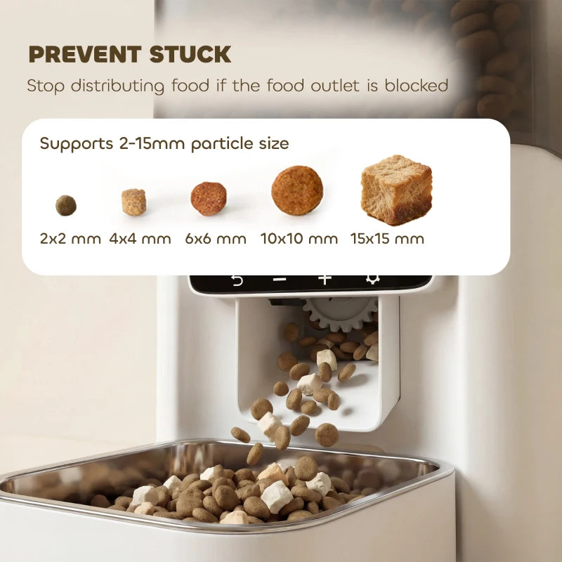 Automatic cat feeder outlet area with kibble falling into stainless feeding tray