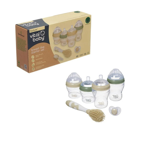 Baby bottle starter set with box, multiple bottles, brush, nipple and pacifier