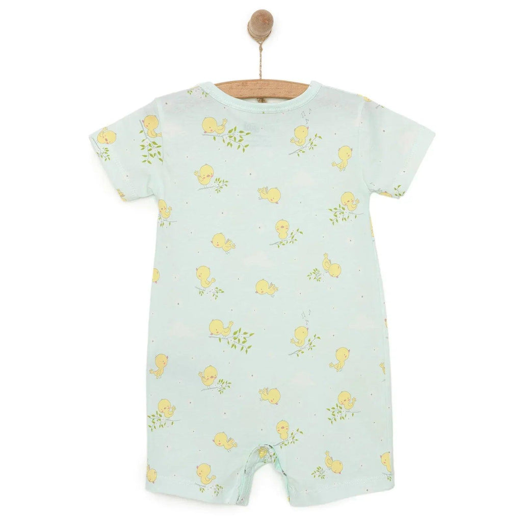 Light blue baby short romper with allover yellow chick and green sprig pattern, short sleeves