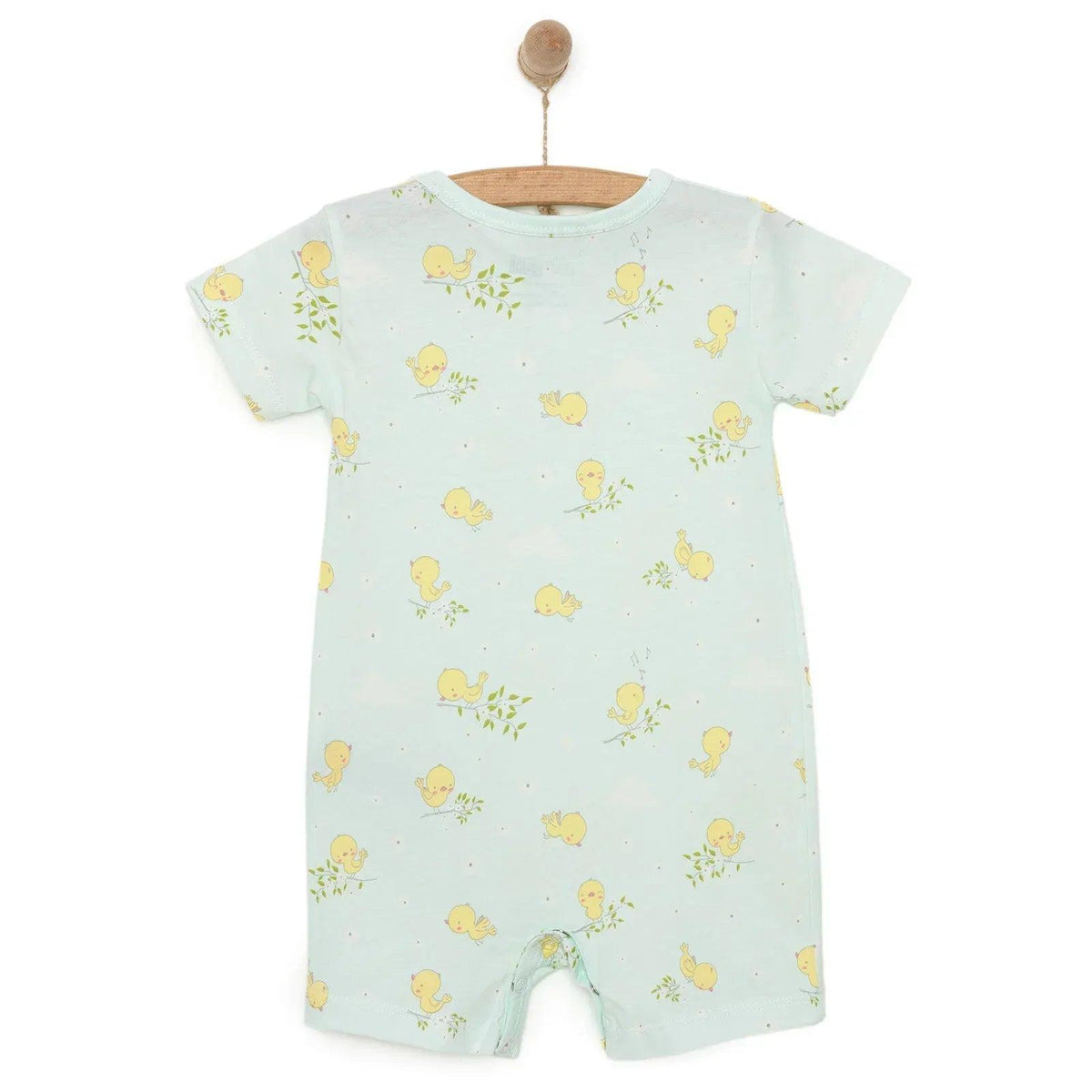 Light blue baby short romper with allover yellow chick and green sprig pattern, short sleeves